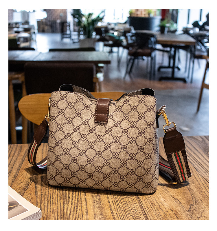 Womens Crossbody Handbag Monogram Pattern Canvas with Brown Leather Trim